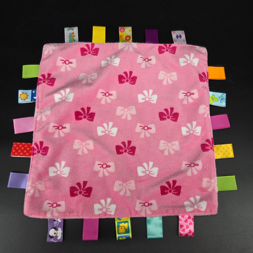 Taggies Pink Bow Print Plush Baby Security Blanket Ribbon Sensory Toy 12x12